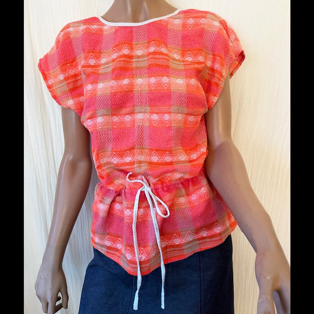 Ace & Jig short sleeved top bright plaid waist drawstring tie Small